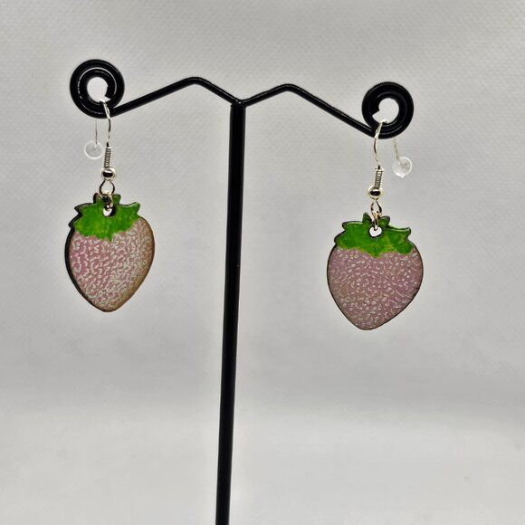 Handcrafted Laser-Cut Strawberry Earrings |  925 Sterling Silver Fish Hooks - Picture 7 of 8